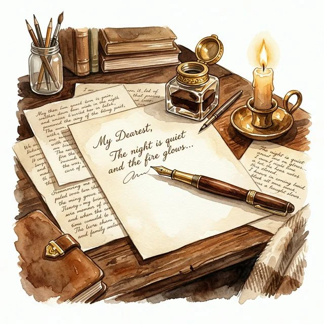 A writer's desk with fountain pen, ink well, and handwritten pages