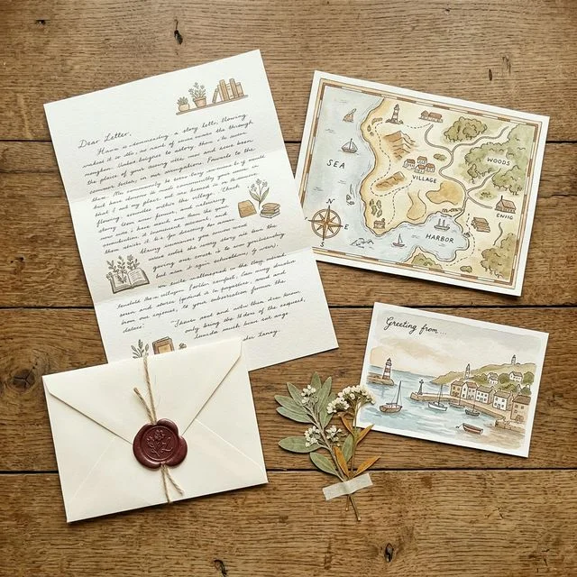 A flat lay of letter contents: handwritten letter, map, postcard, and pressed flower